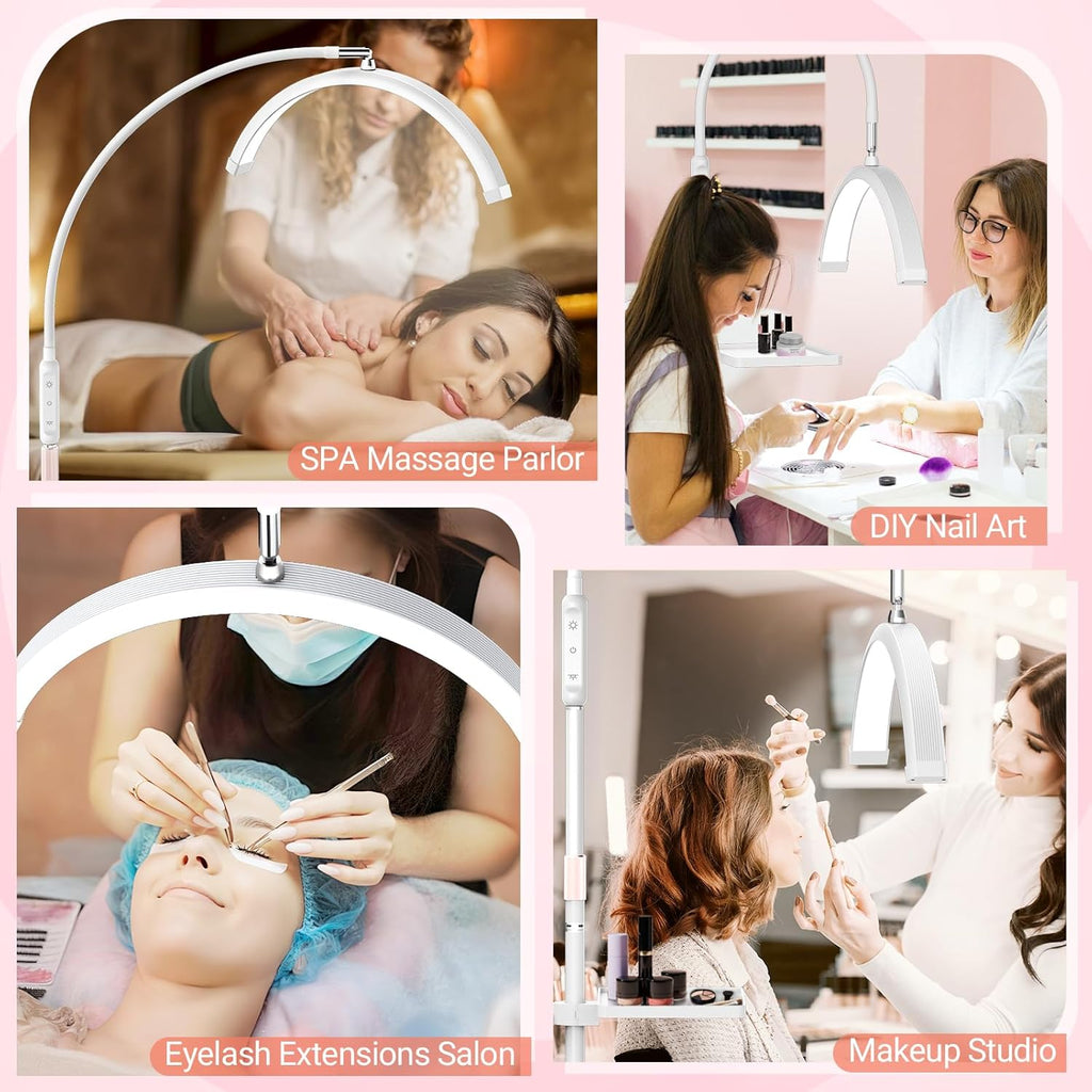LIONVISON Half Moon Lash Light: 6500K LED Lamp Ring Light with Tray - 360° Flexible Gooseneck Durable Metal Stand - Salon Use for Lash Artists Eyelash Extensions (18In White)