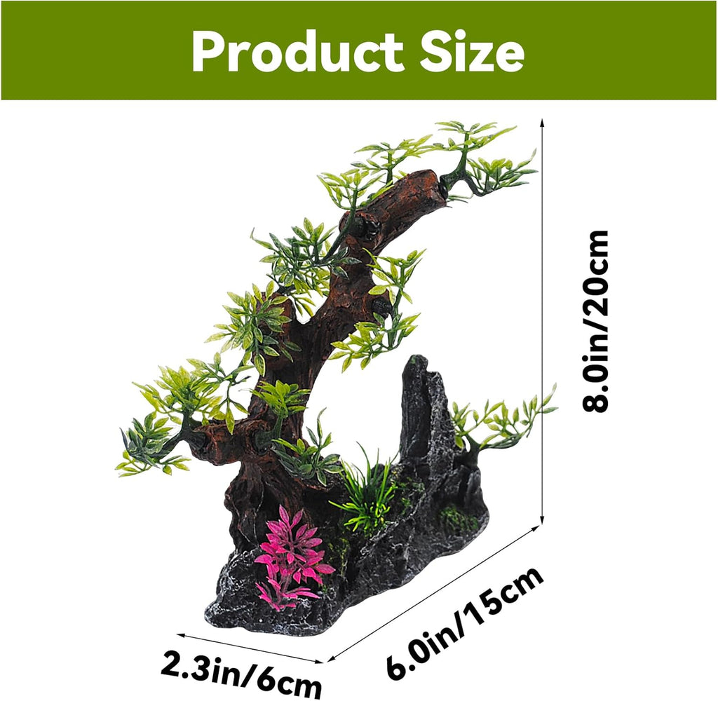 Aquarium Bonsai Tree Decor,Fish Tank Decorations Resin Rock View with Artificial Plants Accessories Betta Goldfish Ornaments Freshwater Saltwater Décor for Small Fish Shrimp