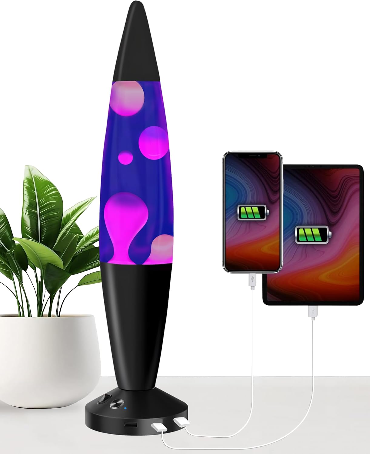JAMBO 16-Inch Beautiful Lamp with Wax, Relaxing Night Light Home Decor, Extra Tall, Living Room Office Bedroom Lamp for Adults, Teens, Kids (USB, Auto Shut Off, Black Base, Purple Liquid, White Wax)