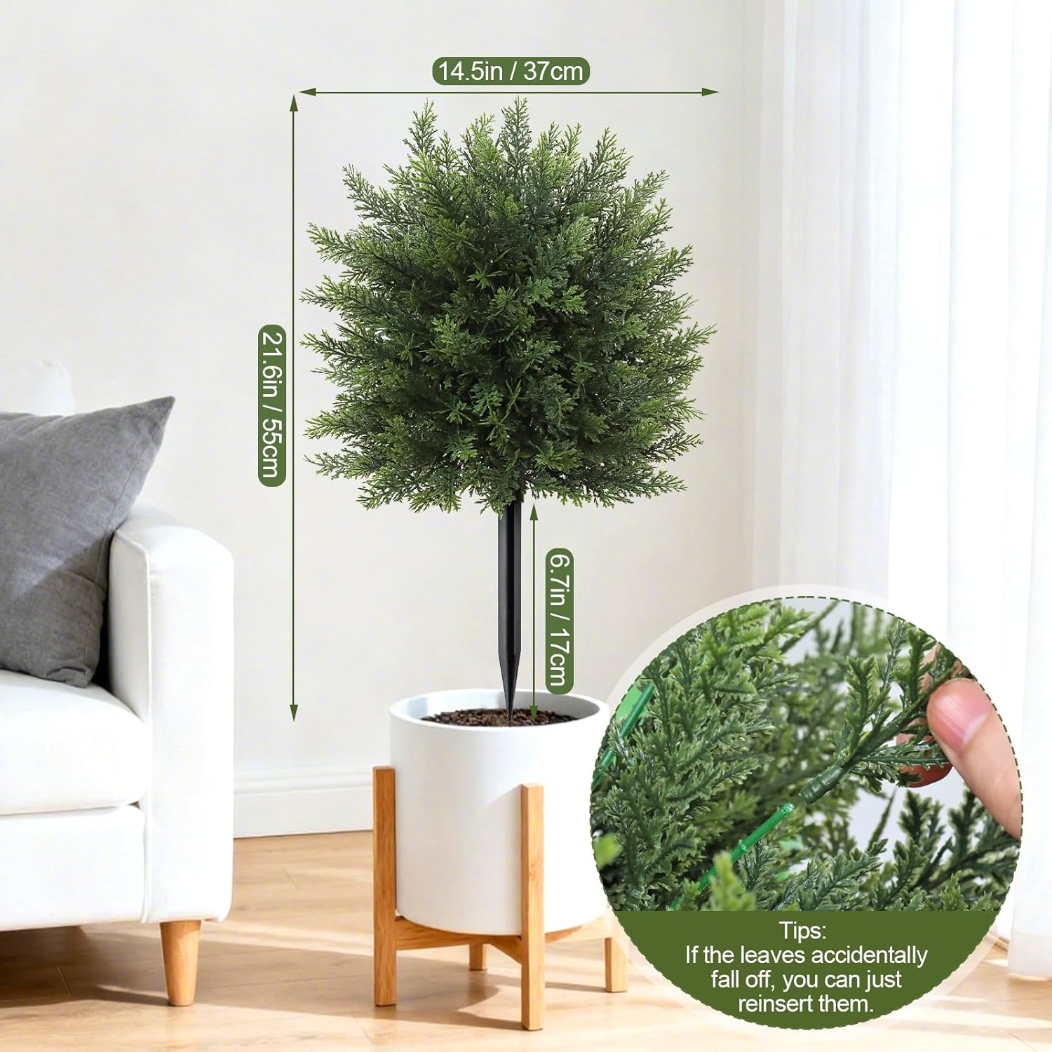 DEMIUKO 21.6" Artificial Cypress Topiary Trees with Ground Spike, Set of 2 Faux Cypress Shrubs UV Resistant Fake Plants Evergreen Bushes for Indoor Outdoor Front Porch Garden Home Decor