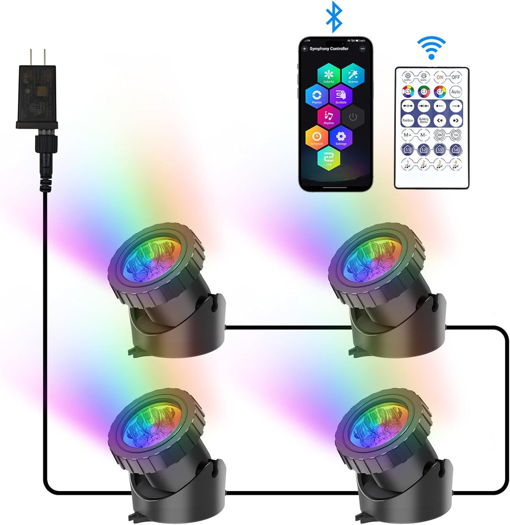 RGB Underwater Pond Lights, Super Bright LED Submersible Fountain Lights Colored Landscape Spotlights, Bluetooth APP Control IP68 Waterproof for Fish Aquarium Tank Garden Yard Pool (Set of 4)