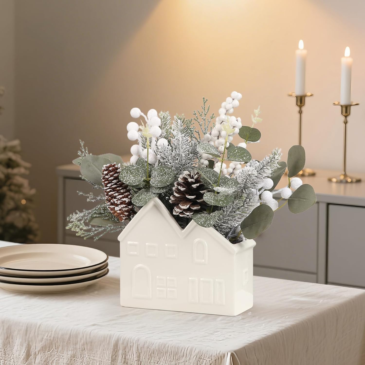 Small Christmas Tree Table Decorations, Artificial Mini Christmas Tree with Pine Cones, Christmas Plants Decorations in Ceramic Pot, Tabletop Ornaments for Home Indoor Fireplace Dining Table Decor