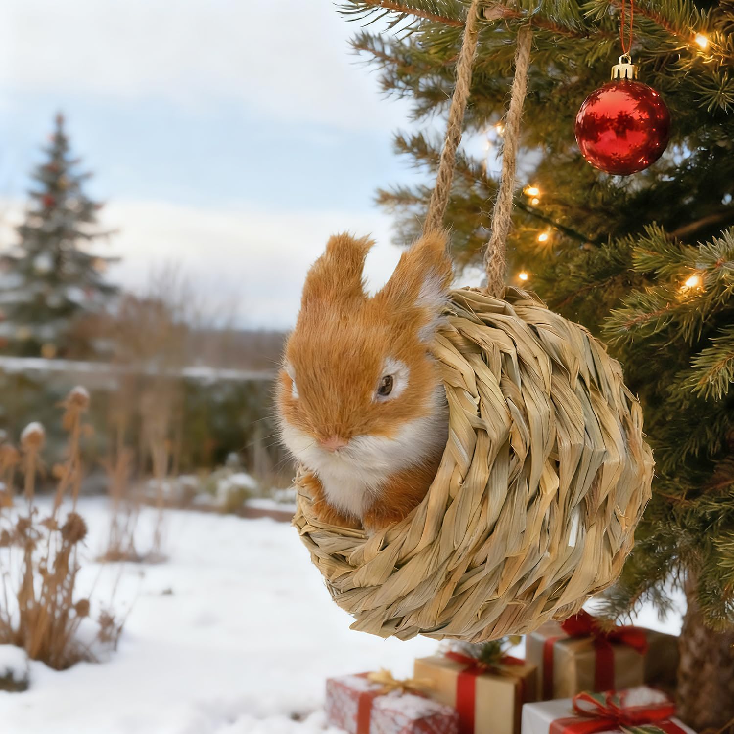 3D Forest Animals Ornaments for Christmas Tree Woodland Furry Animal Ornament Handmade Bird Nest with Plush Animals for Xmas Tree Faux Fur Animal Hanging Decoration Home (4inch Nest & Rabbit)