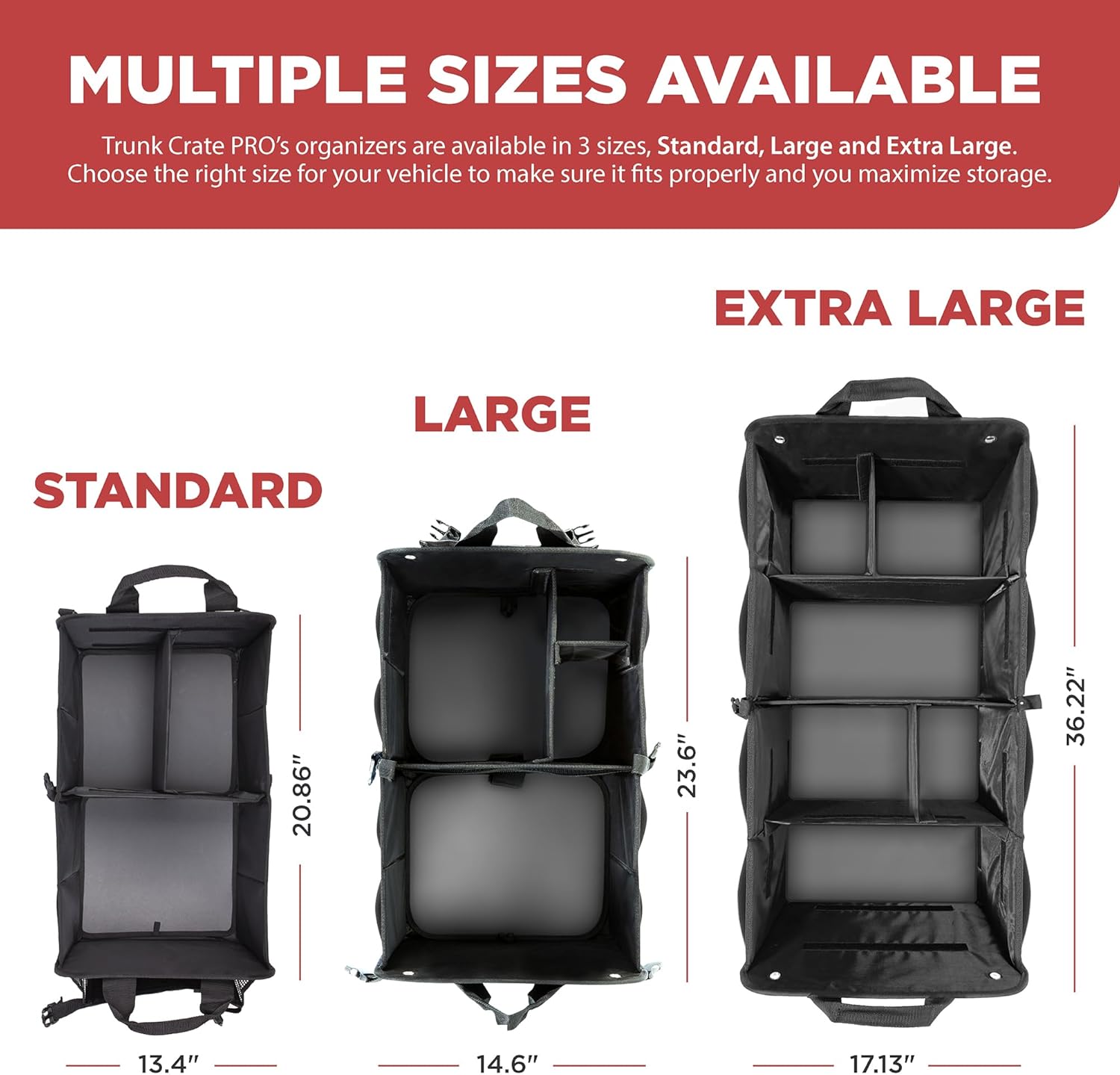 TRUNKCRATEPRO Car Organizers and Storage Premium Adjustable Multi Compartments Car Storage Organizer | Portable and Foldable SUV Trunk Organizer for Car (Standard Size, 20.86"L x 13.4"W x 10"H )-Black