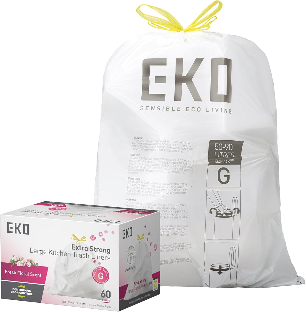 EKO 21 Gallon / 50-90 Liter, 60 Count Drawstring Trash Bags, Extra-Strong Garbage Bags, Fresh Floral Scent with Continuous Odor Control, Easy-Dispense Roll for Kitchen and Household Use, Code G, White
