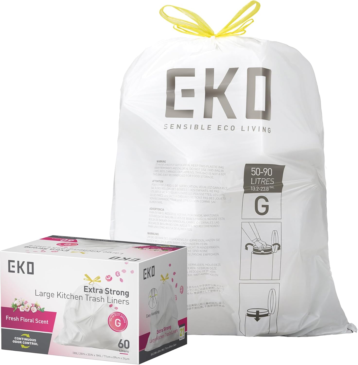 EKO 21 Gallon / 50-90 Liter, 60 Count Drawstring Trash Bags, Extra-Strong Garbage Bags, Fresh Floral Scent with Continuous Odor Control, Easy-Dispense Roll for Kitchen and Household Use, Code G, White