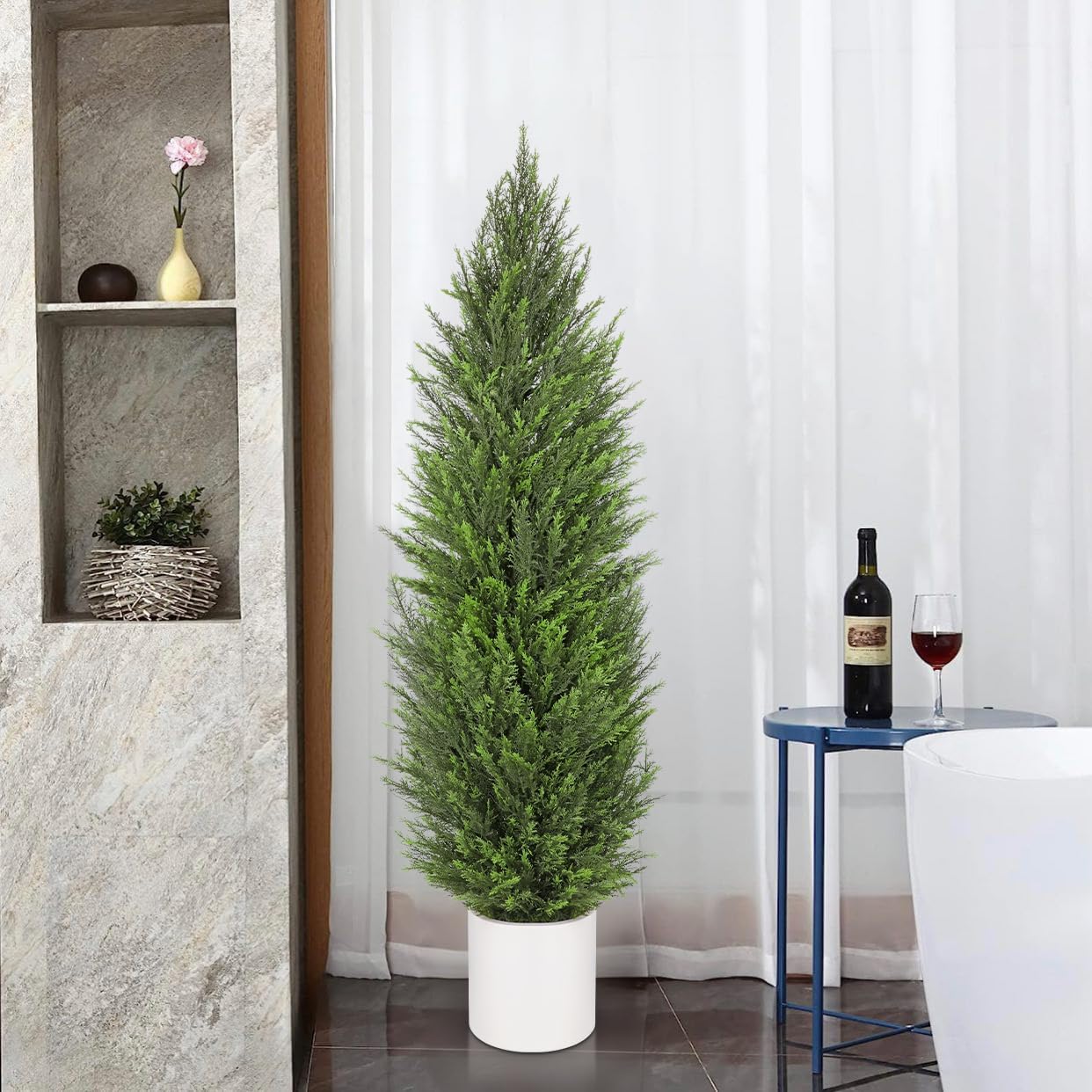 Briful 2PCS 5ft Artificial Cedar Topiary Trees in White Planter – Tall Faux Evergreen Potted Plants, Indoor Outdoor Fake Cypress Shrubs, Lifelike Fake Trees for Home, Office, Patio, Porch, Entryway