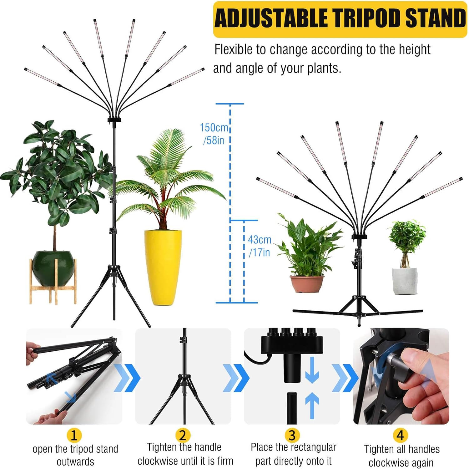 LED Grow Lights for Indoor Plants, [ 8 in1 ] Full Spectrum Grow Light with Tripod Stand, Auto On/Off Timing 4/8/12H, Plant Lights for Indoor Growing. (Mix Spectrum)