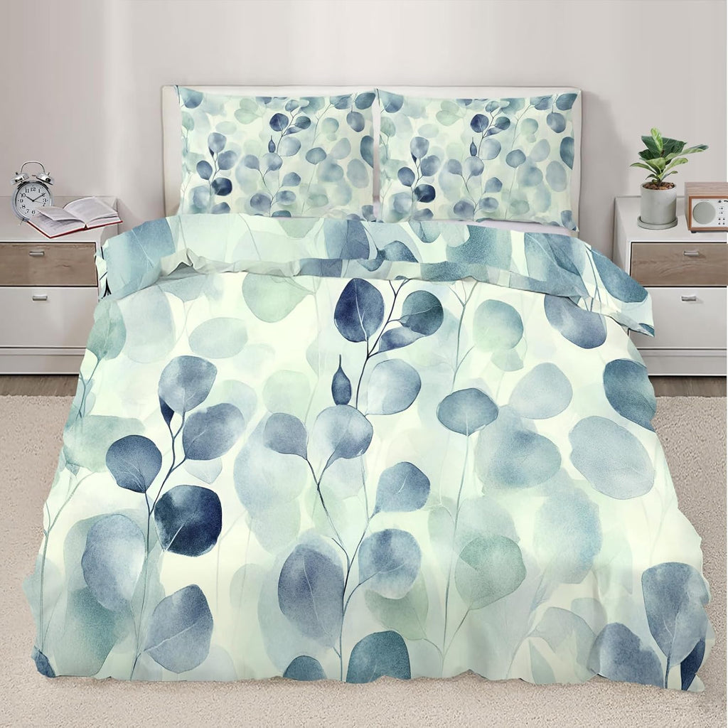 Floral Duvet Cover Twin Rustic Leaves Bedding Set 2 Piece for Kids Bedroom Spring Summer Teal Botanical Comforter Cover with Zipper Ties & 1 Pillowcases
