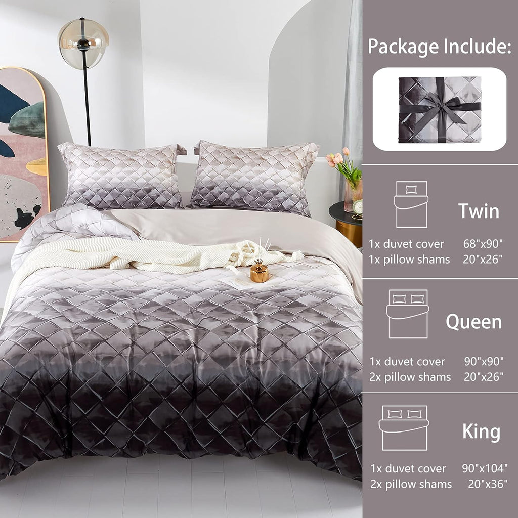 MILDLY 100% Long-Staple Cotton Duvet Cover Set Gray Beige Geometric Pattern Printed Comforter Cover 3pcs, Ultra Soft & Breathable Bedding Set