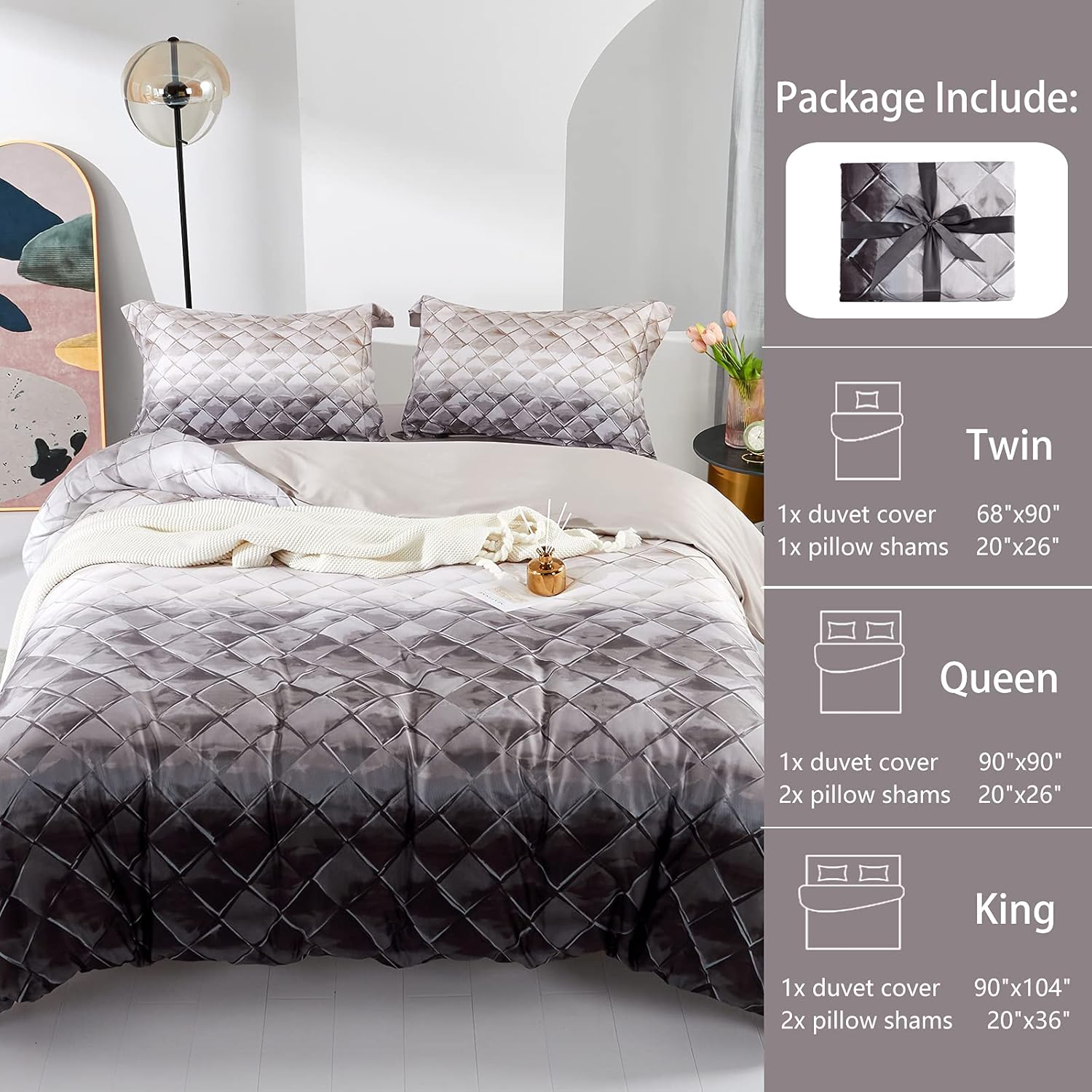 MILDLY 100% Long-Staple Cotton Duvet Cover Set Gray Beige Geometric Pattern Printed Comforter Cover 3pcs, Ultra Soft & Breathable Bedding Set