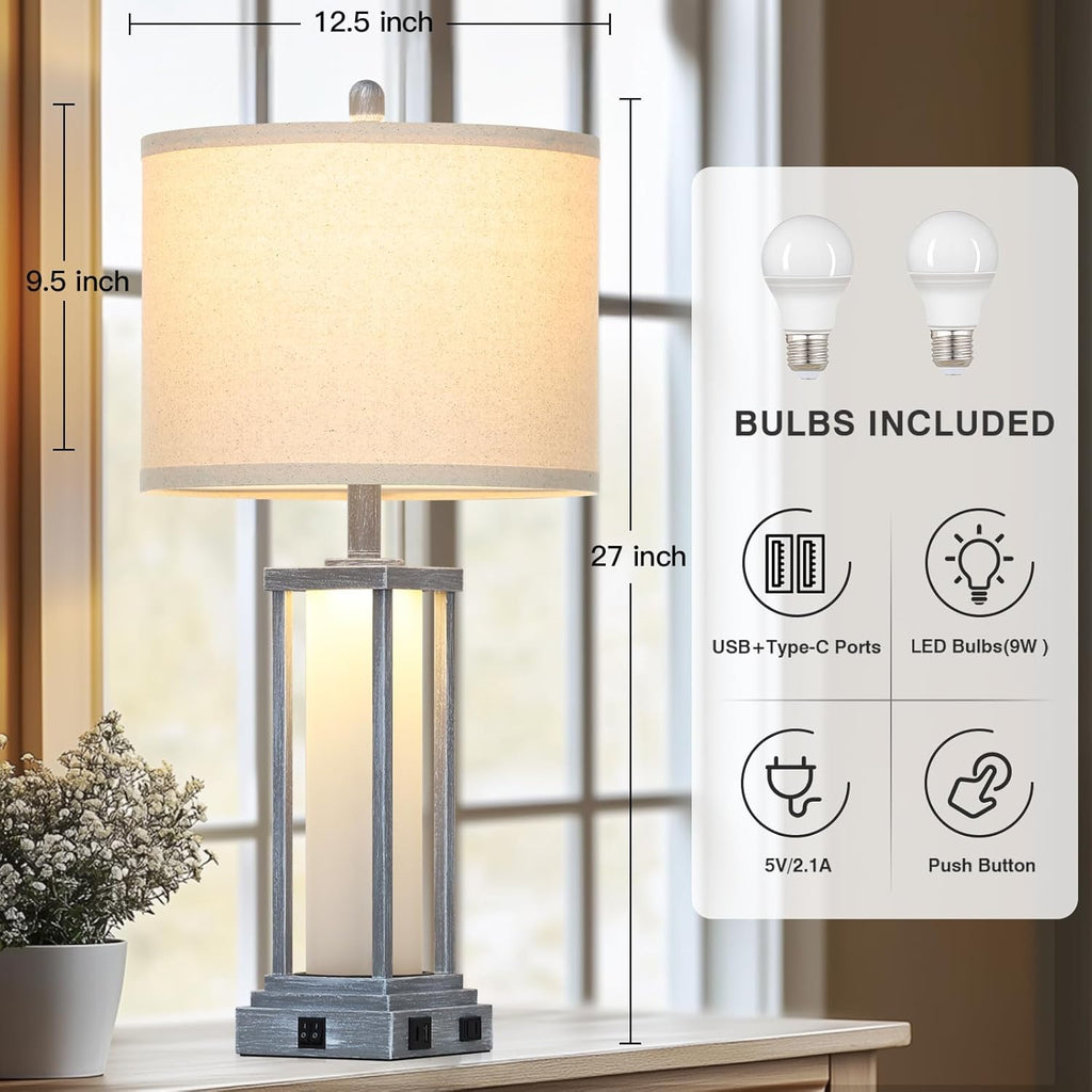27" Tall Vintage Table Lamp Set of 2 with USB C+A & Outlet,Gray Nightstand Lamp for Living Room,Retro Bedside Lamps with Frosted Glass Night Light for Bedroom Entryway,Grey