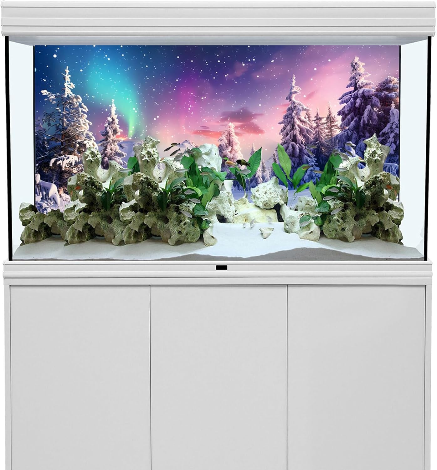 YongFoto Fish Tank Background - 48x20 inch Winter Snow Scene Aquarium Backdrop with Pine Forest, Rime, Starry Sky, Aurora for Reptile Terrarium & Bearded Dragon Habitat