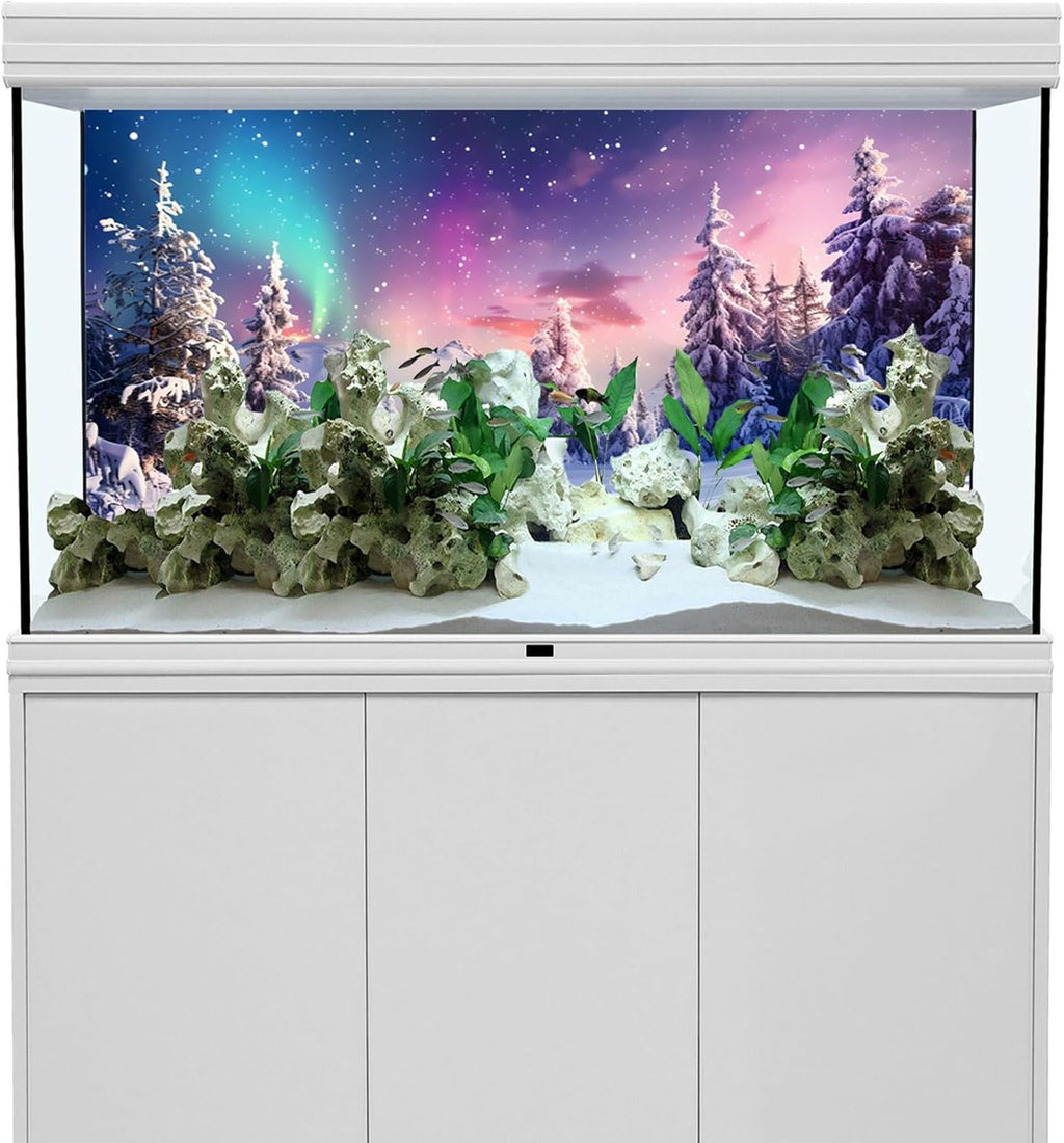 YongFoto Fish Tank Background 36x14 Inch Winter Snow Scene Aquarium Snowfield Pine Forest Rime Starry Sky Aurora Backdrop Reptile Terrarium Bearded Dragon Habitat