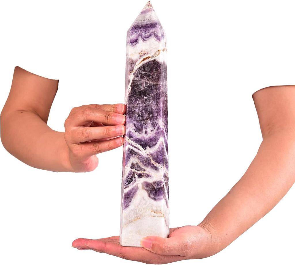JIC Gem Extra Large Chevron Amethyst Healing Crystal Tower Wand 6 Faceted Quartz Crystals Obelisk Tower Points Crystals Decor Gift Reiki Chakra 4.0-4.4 Lbs