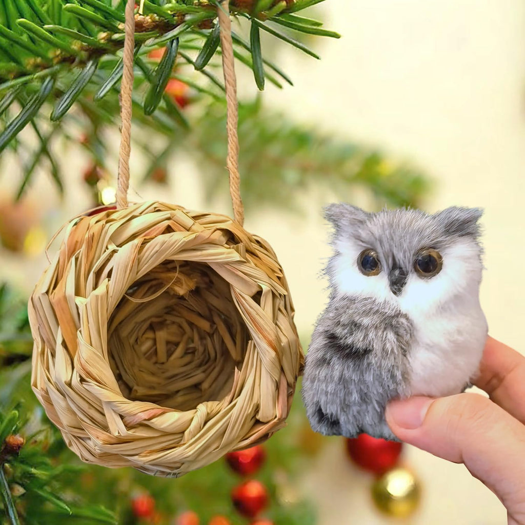 3D Forest Animals Ornaments for Christmas Tree Woodland Furry Animal Ornament Handmade Bird Nest with Plush Animals for Xmas Tree Faux Fur Animal Hanging Decoration Home (4inch Nest & owl)
