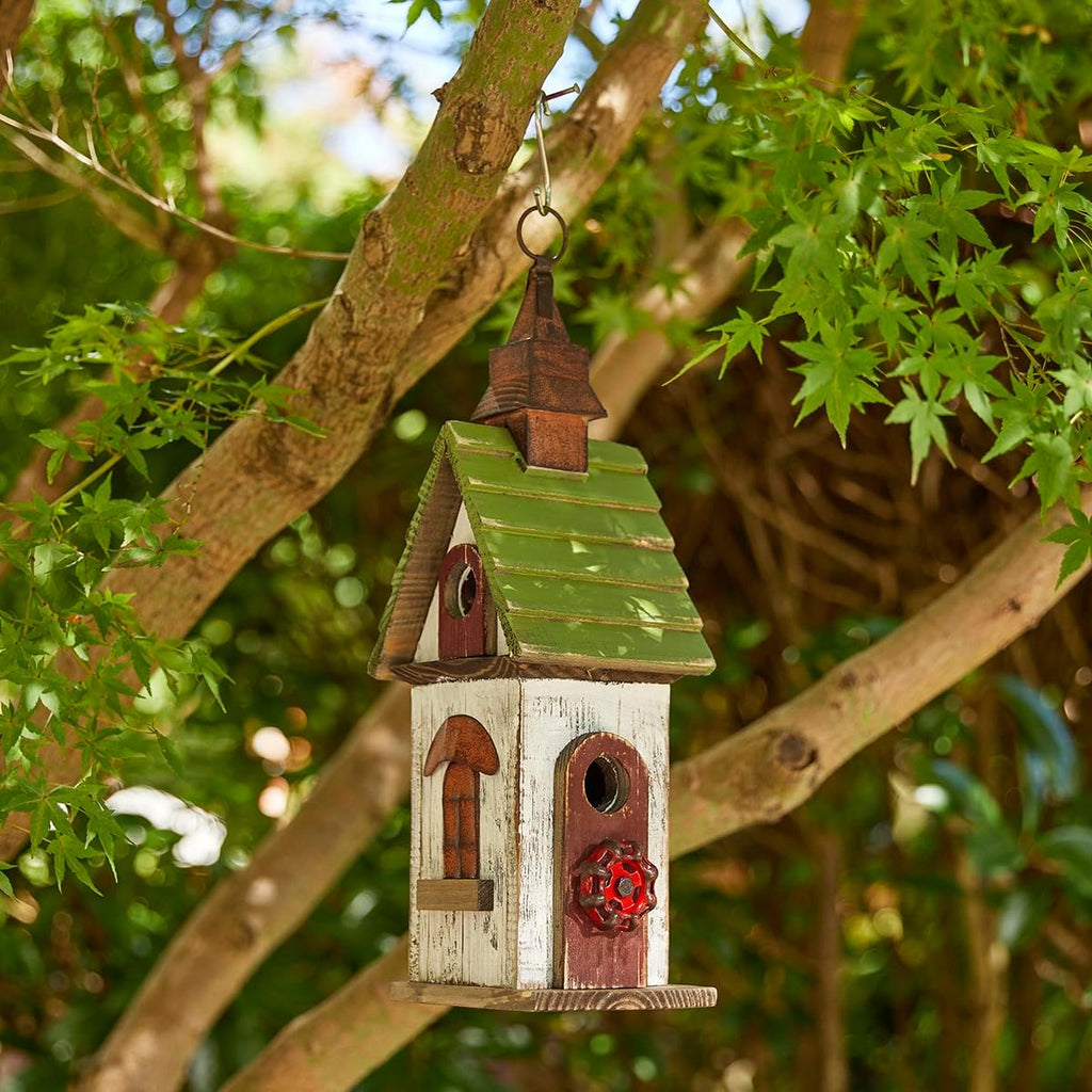 Glitzhome Bird Houses for Outside, Bluebird Houses for Outdoors,15.75"H Solid Wood Birdhouse Distressed Cottage Decorative Hanging Outdoor Garden Bird House for Wren Sparrow Hummingbird Finch Cardinal