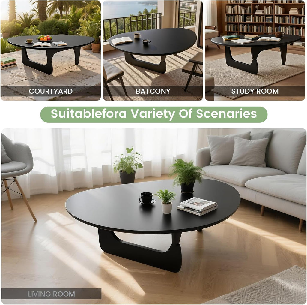 Solid Wooden Modern Triangle Coffee Table: Unique Funky Coffee Tables for Living Room, Oval Mid-Century Irregular Abstract Tea Tables for Patio Office Balcony Bedroom (Black, 43" L x 31" W x 16" H)