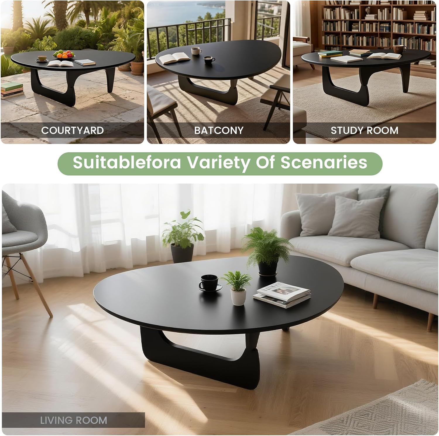 Solid Wooden Modern Triangle Coffee Table: Unique Funky Coffee Tables for Living Room, Oval Mid-Century Irregular Abstract Tea Tables for Patio Office Balcony Bedroom (Black, 33" L x 22" W x 16" H)