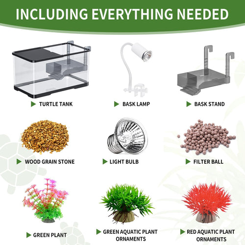(Tank + Light + Filter Balls) Turtle Tank Kit, Turtle Tank Starter Kit,Bottom Drainage, Multi-Function Areas for Turtles, Crabs,Fishes, Amphibians,Reptiles. (11.81 × 7.88 × 7.88 Inch)