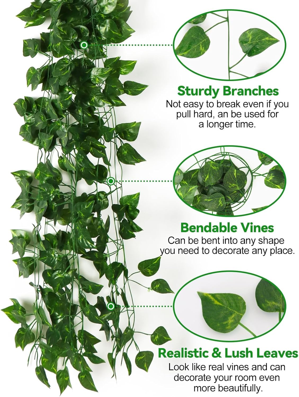 Kalolary 174FT Artificial Ivy Garland, 24 Pack Scindapsus Leaf Fake Vines Plants Garland Hanging Aesthetic Plants Greenery Green Leaves for Wedding Bedroom Garden Party Office Wall Outdoor Decoration
