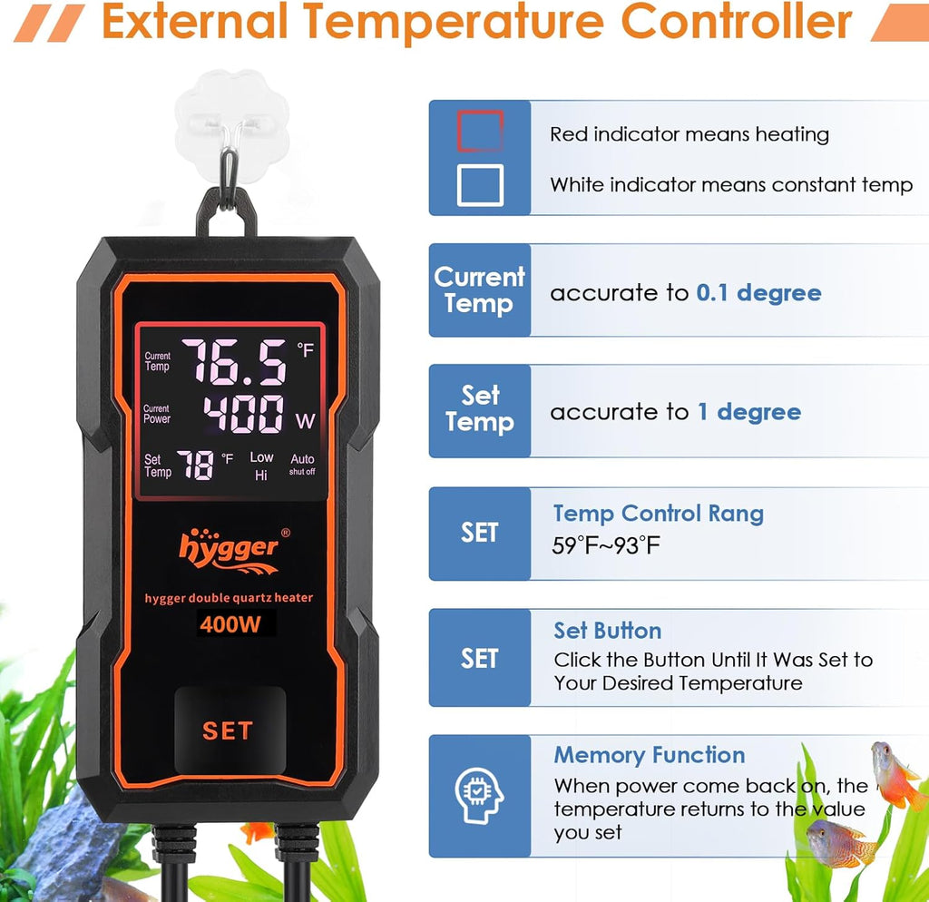 hygger Submersible Aquarium Heater 400W Fish Tank Heater with Temperature Control & Auto Off Protection for 50-95Gallons Saltwater and Freshwater