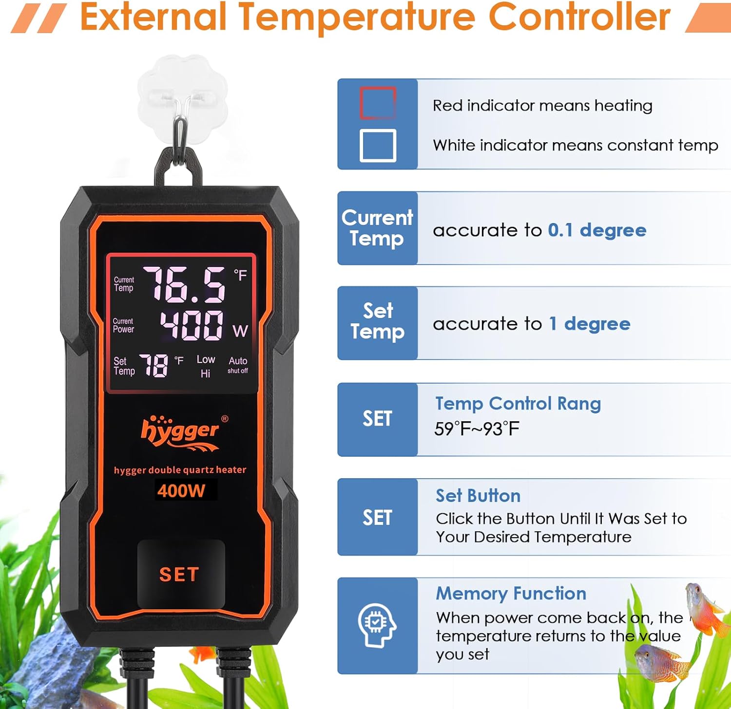 hygger Submersible Aquarium Heater 400W Fish Tank Heater with Temperature Control & Auto Off Protection for 50-95Gallons Saltwater and Freshwater