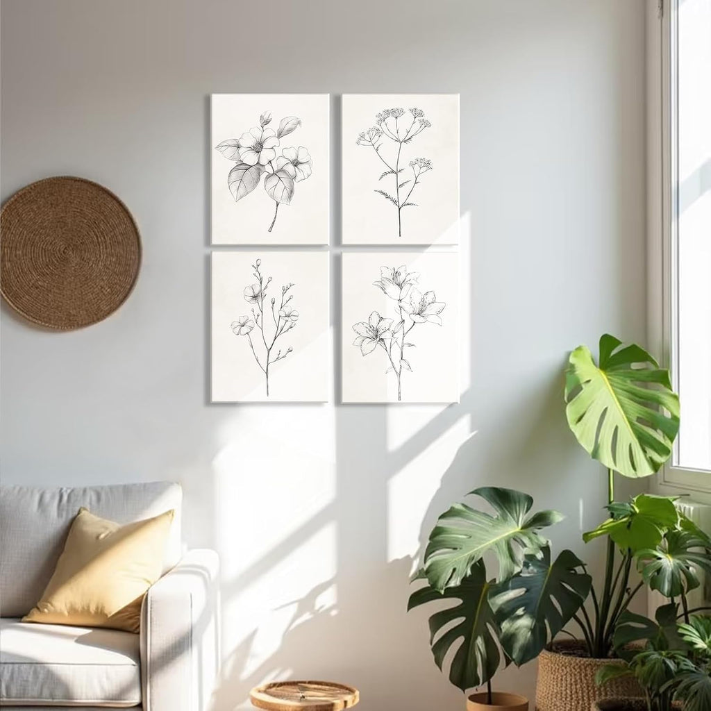4pcs Framed Black and White Vintage Floral Sketch Wall Art Decor Canvas Print Wall Painting Picture Poster Minimalist Gallery Bedroom Living Room Office Decor Decoration 12x16 Inch Ready to Hang