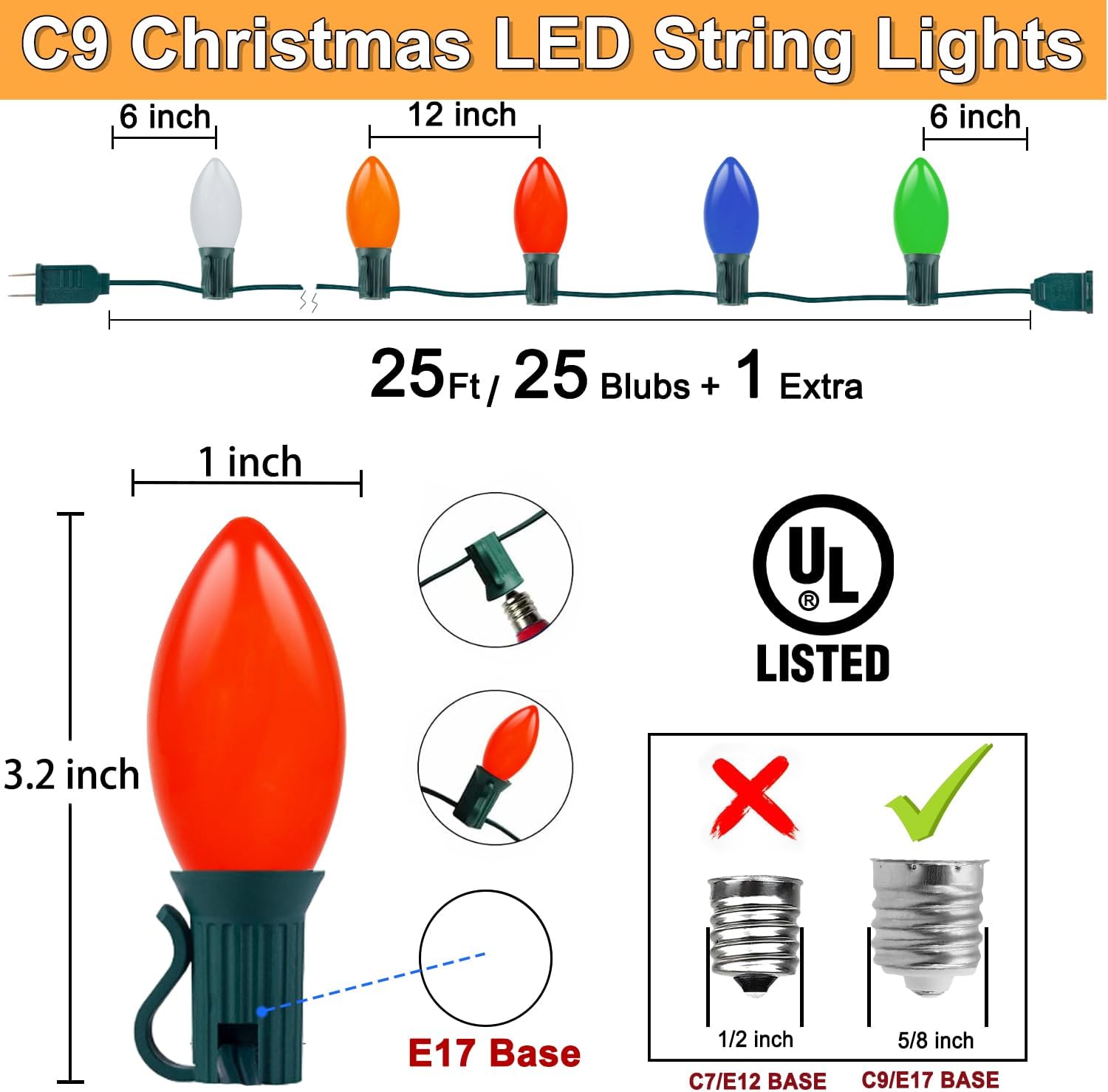 Couah 25Ft C9 Vintage Christmas LED String Lights with 27 Multicolor LED Bulbs, Hanging String Lights for Indoor Outdoor Roofline Party Wedding Christmas Decorations (Green Wire)