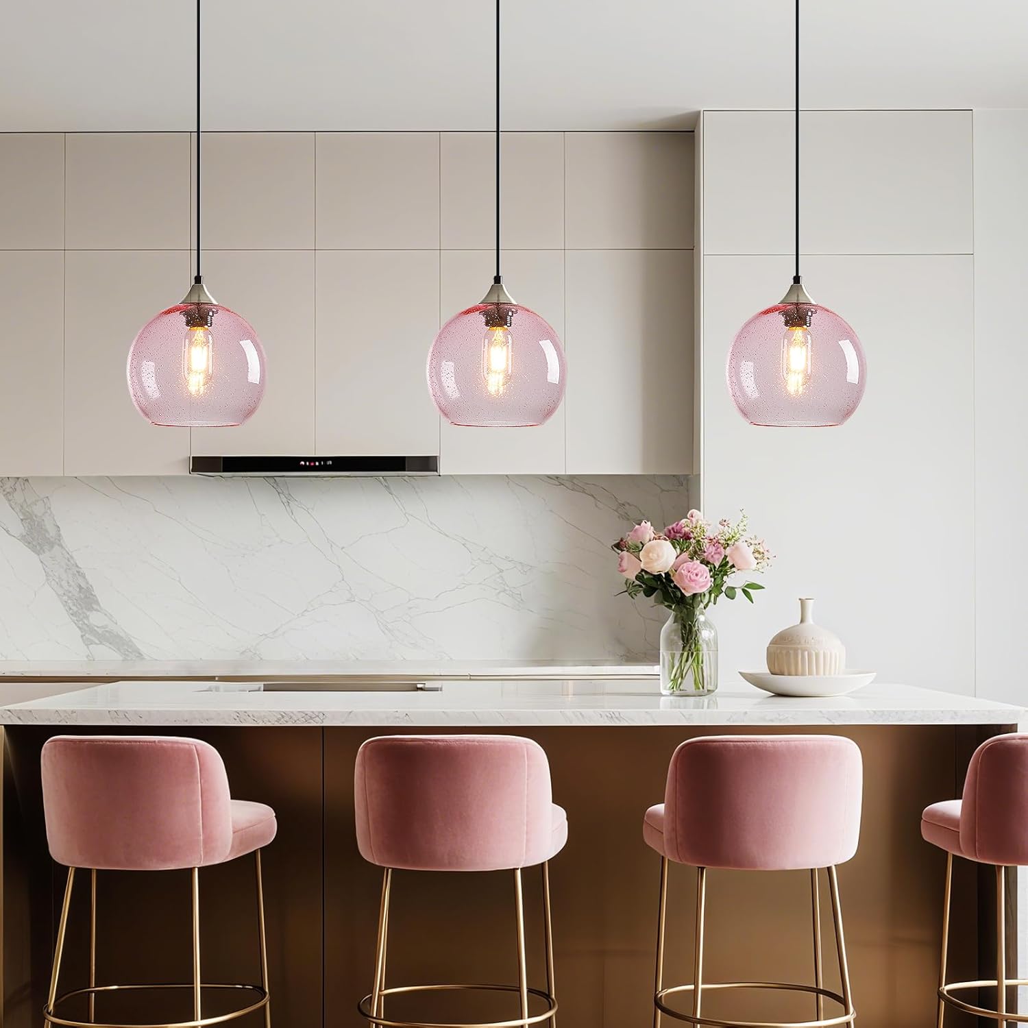 Pink Glass Pendant Lights Kitchen Island Lighting Globe Pendant Light Fixtures Modern Pendant Lighting for Bedroom Living Dining Room Light Fixture (7.87 in, 1 Pack)