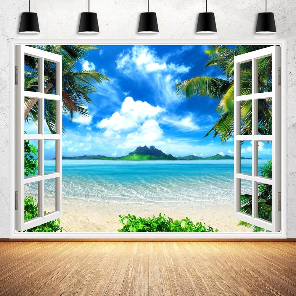 15x10ft Beach Backdrop,Tropical Seaside Summer Hawaii Photography Backdrops,Natural Scenery Blue Sky White Clouds Photo Booth Wedding Luau Themed Party Party Decoration Background Studio Photo Props