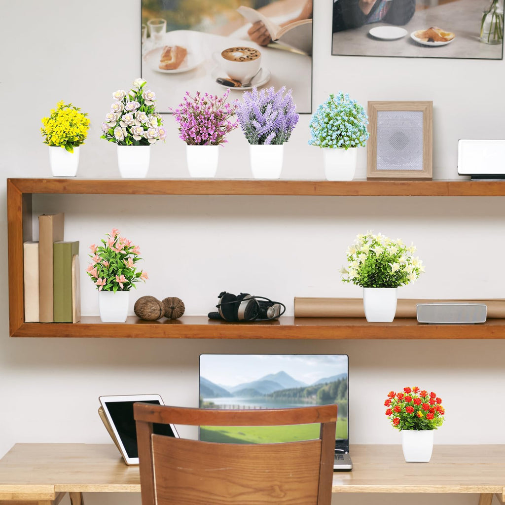 LELEE Artificial Plants Mini Fake Potted Plants, 8 pcs Small Eucalyptus Potted Faux Decorative Grass Plant with Flower for Home Decor, Indoor, Office, Desk, Shelf, Table Decoration