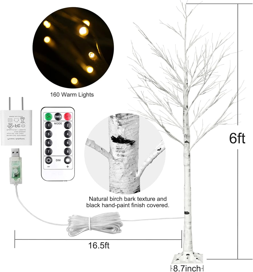 6FT Lighted Birch Tree with 160 LEDs Warm White Lights, 8 Functions Remote Faux Tree with Lights for Indoor Outdoor Summer Christmas Holiday Party Decoration