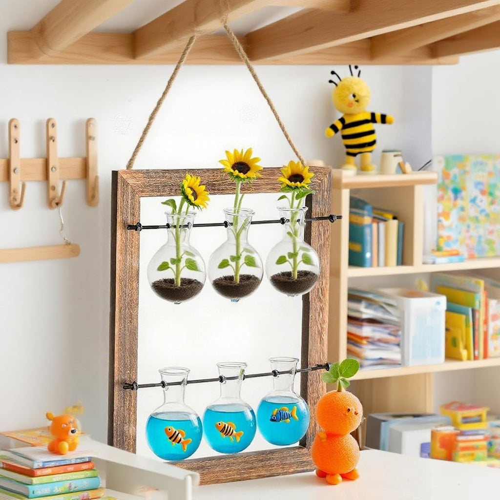 Elsjoy Wall Hanging Glass Planter, Double Layer Plant Terrarium Propagation Station, Mini 6 Bulb Vase with Wooden Stand and Rope for Hydroponics Plants, Home Decor, Indoor Outdoor