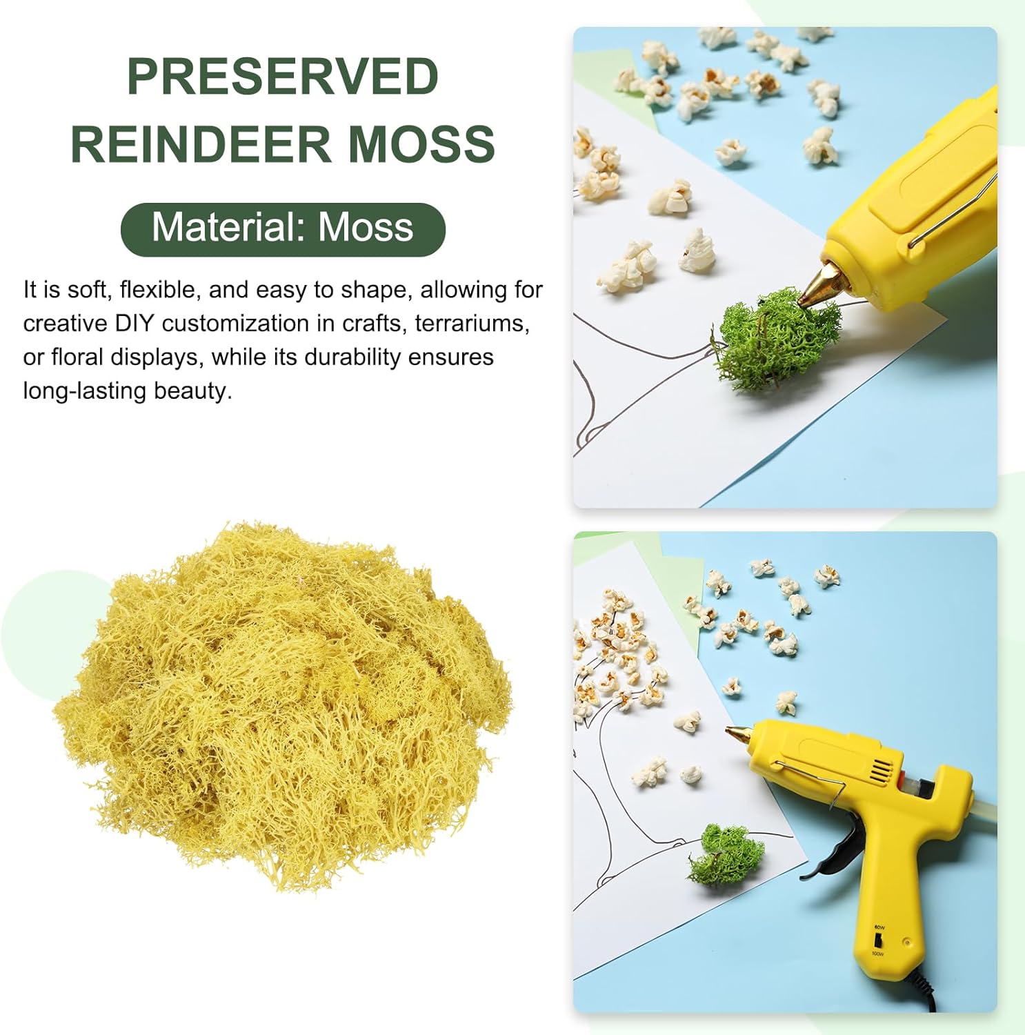 MECCANIXITY 3oz Preserved Reindeer Moss, Yellow Decorative Artificial Fake Moss for Potted Plants Indoor Crafts Lichen Centerpieces Decor