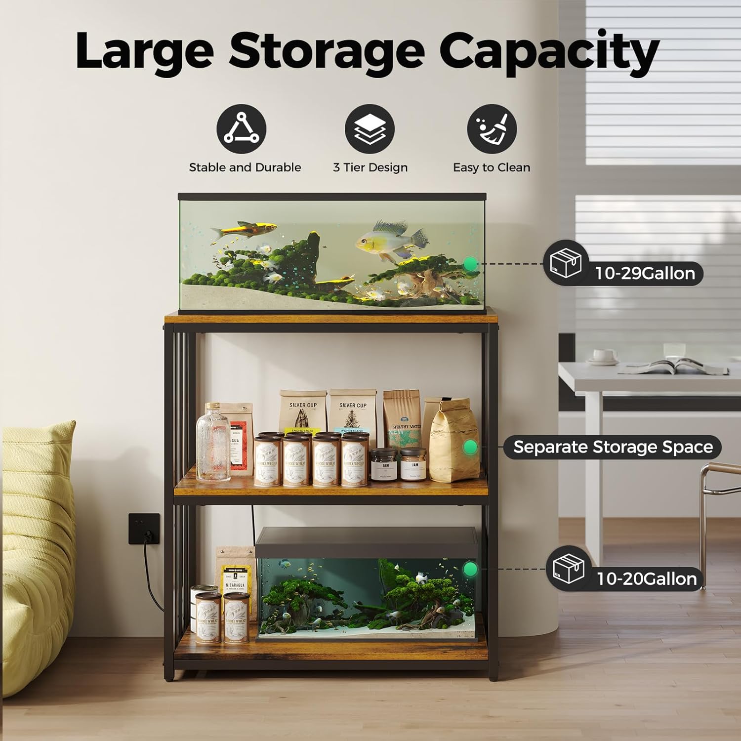 20 Gallon Fish Tank Stand with Power Outlet, Aquarium Stand with Shelf, Metal Reptile Terrarium Tank Stand, 3-Tier Adjustable Storage Shelves, 28''L×15.7''W×30''H, Retro Brown