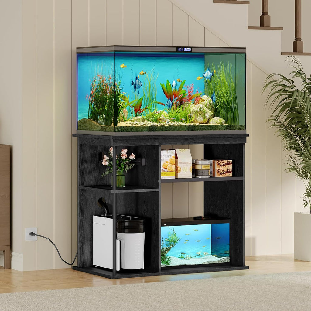 40-50 Gallon Fish Tank Stand with Power Outlet, Wooden Aquarium Stand with Filter Storage, Heavy-Duty Reptile Tank Stand with 3-Tier Storage Shelves, 36.2" L x 19.7" W x 31.7" H, Black