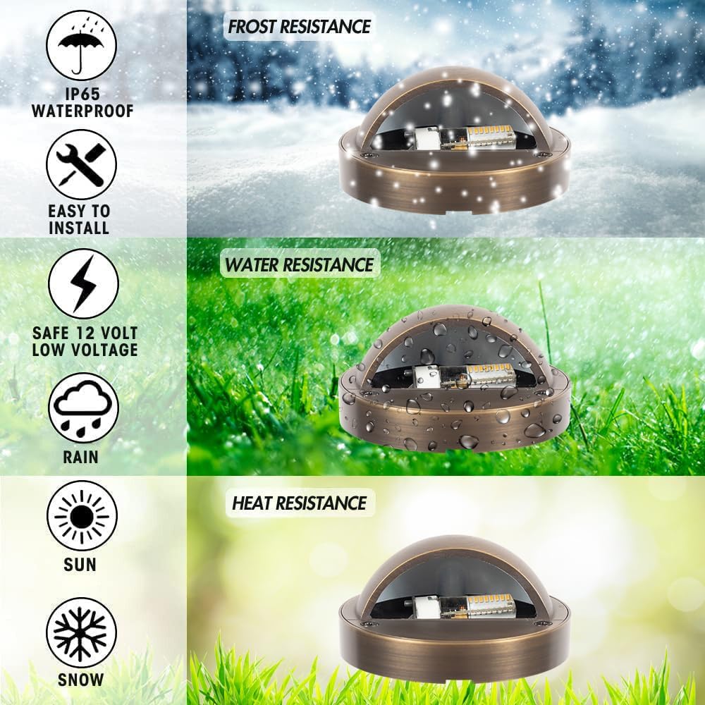 Outdoor Deck Lights Brass Stair Lights - LED Step Lights Low Voltage Landscape Lights, Solid Brass Stairway Lighting, Outdoor Fence lights, Paver Lights, Hardscape Lighting with LED Bulb (3.13" Wide)