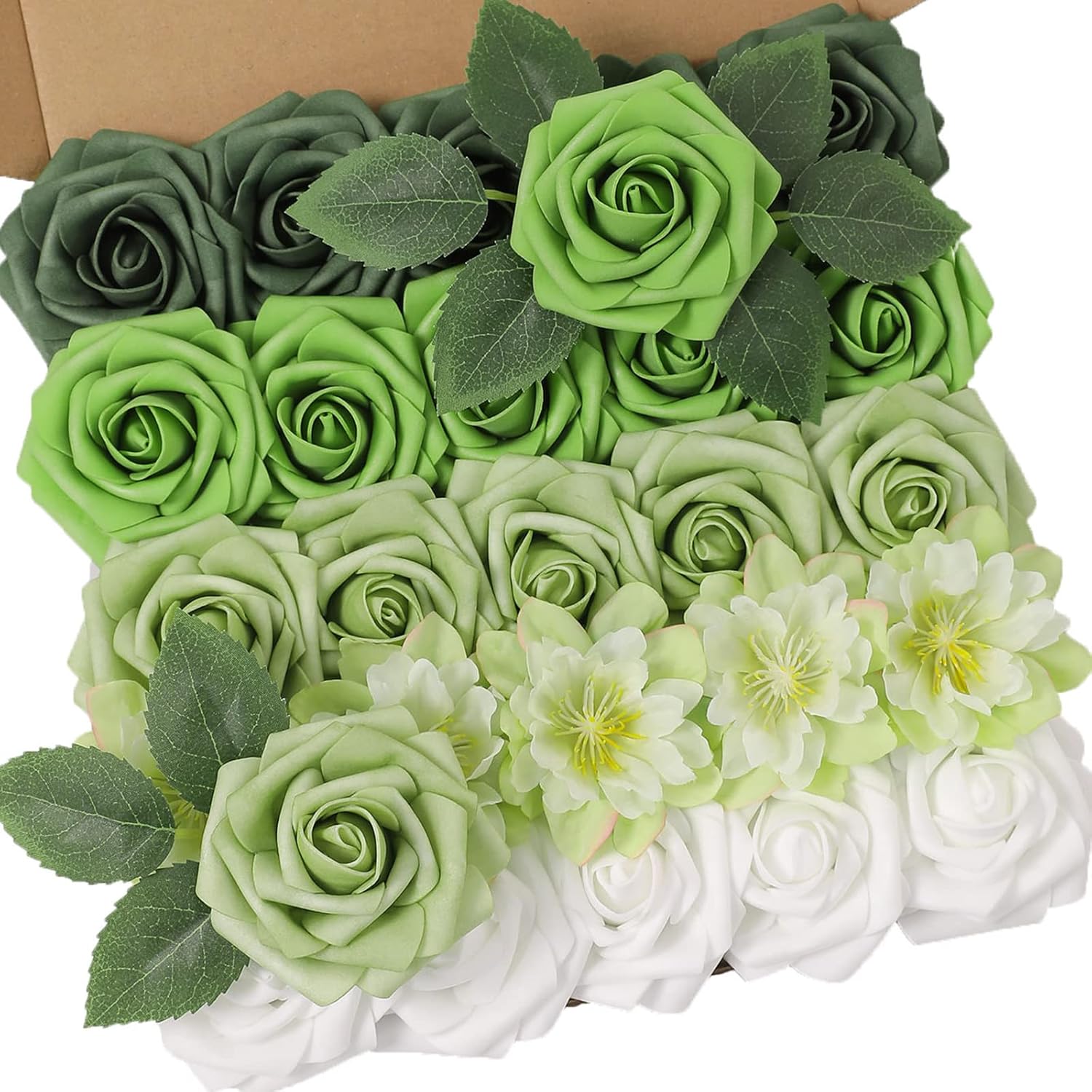YYHUAWU Artificial Flowers Combo Box Set Forest Green Color Foam Fake Roses with Stems for DIY Wedding Bouquets Centerpieces Baby Shower Party Home Decorations