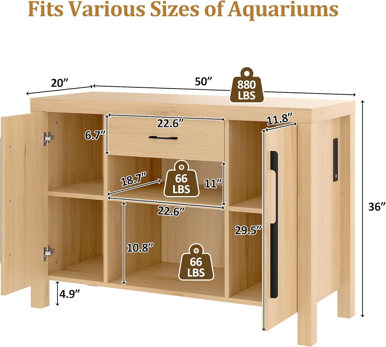 55-75 Gallon Fish Tank Stand with Power Outlet, 880LBS Modern Wood Aquarium Stand with Storage Cabinet and Drawer, Heavy Duty Reptile Turtle Tank, Natural Wood