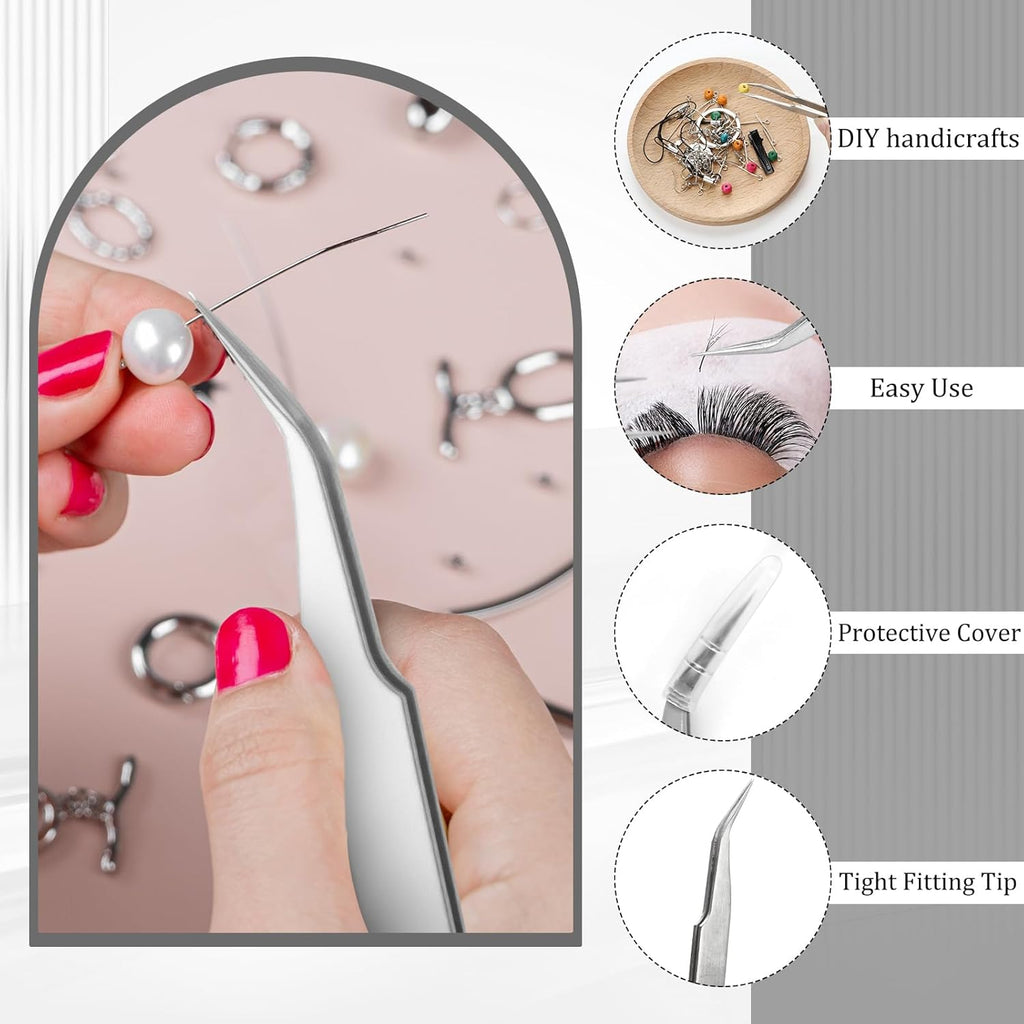 Honoson 9 Pieces Curved Pointed Craft Tweezers Stainless Steel Precision Tweezer with Protective Cover for Rhinestones Dried Flowers Craft Stickers Eyelash Extension Jewelry Making(Silver)