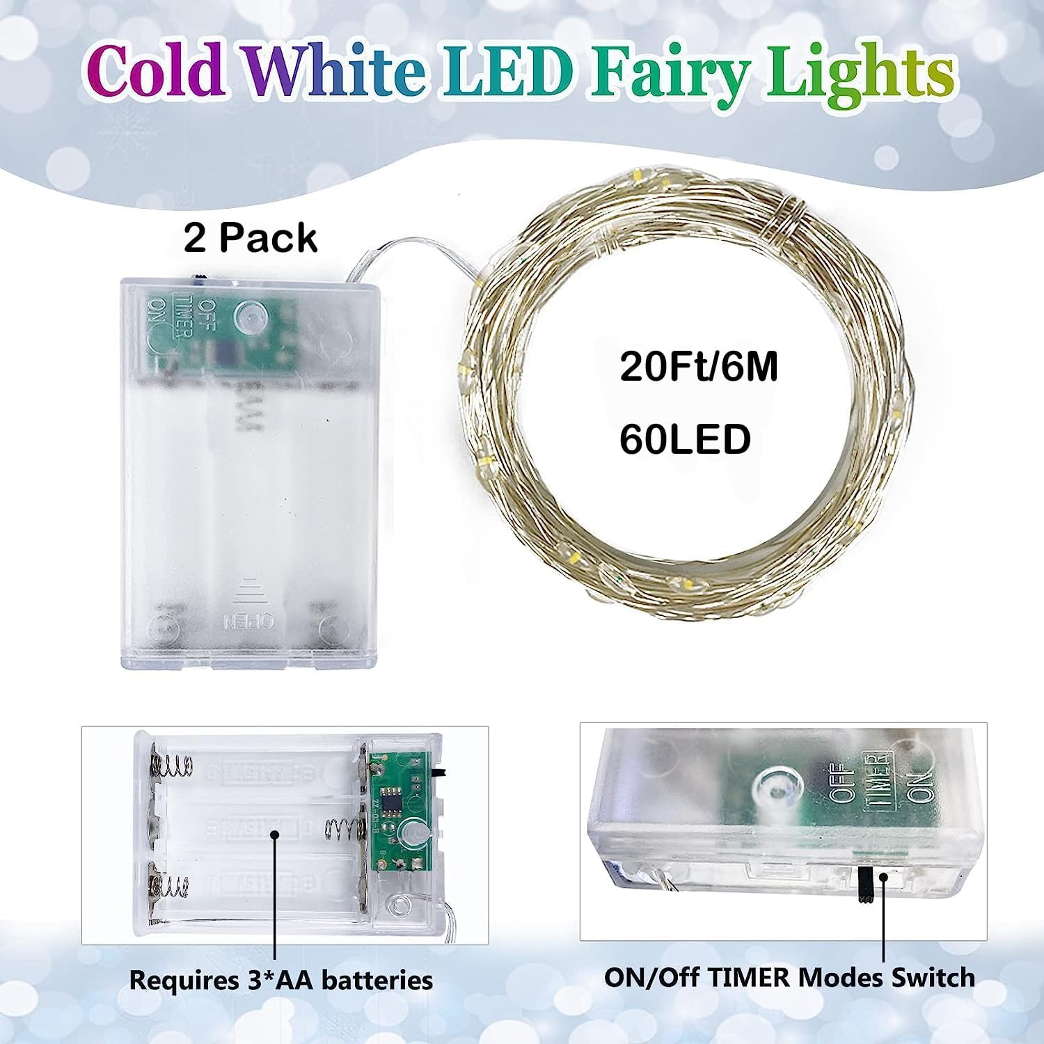 2 Pack 60 LED Christmas Fairy Lights Battery Operated with Timer, 20FT Waterproof Twinkle Lights Indoor Outdoor, String Lights for Bedroom, Wedding, DIY, Centerpiece, Christmas Decorations(Cool White)