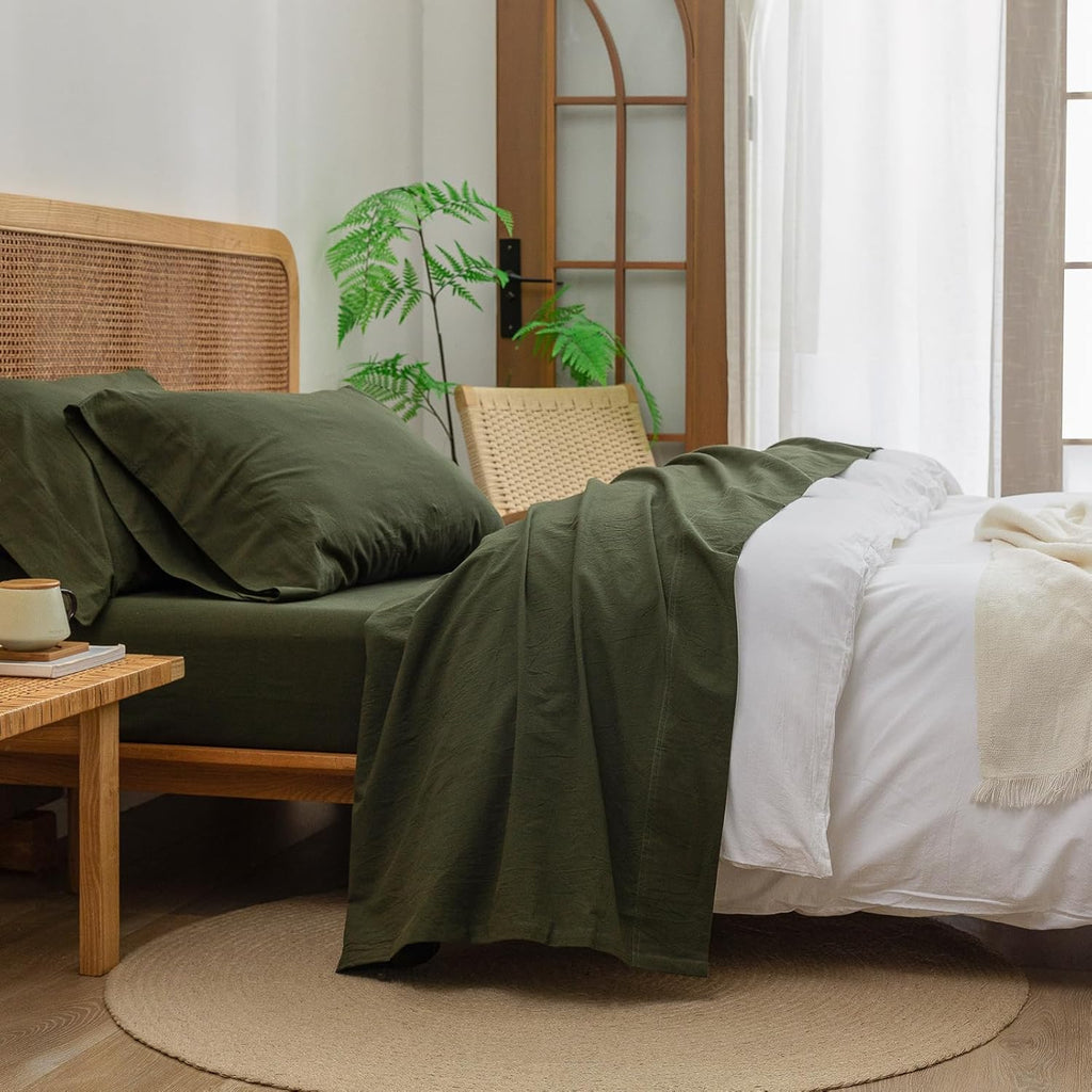 BESTOUCH Sheet Set 100% Washed Cotton Linen Feel Super Soft Comfortable Chic Lightweight 4 Pcs Home Bedding Set Solid Olive Green Full