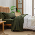 BESTOUCH Sheet Set 100% Washed Cotton Linen Feel Super Soft Comfortable Chic Lightweight 4 Pcs Home Bedding Set Solid Olive Green Full
