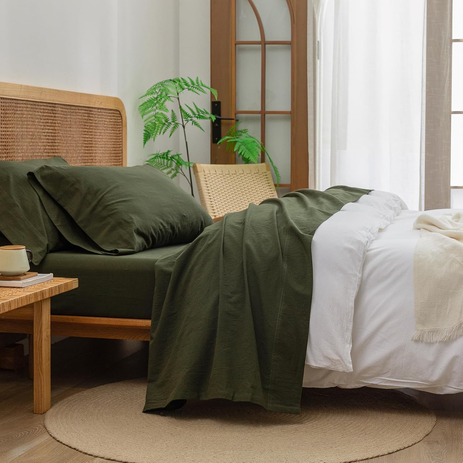 BESTOUCH Sheet Set 100% Washed Cotton Linen Feel Super Soft Comfortable Chic Lightweight 4 Pcs Home Bedding Set Solid Olive Green Full