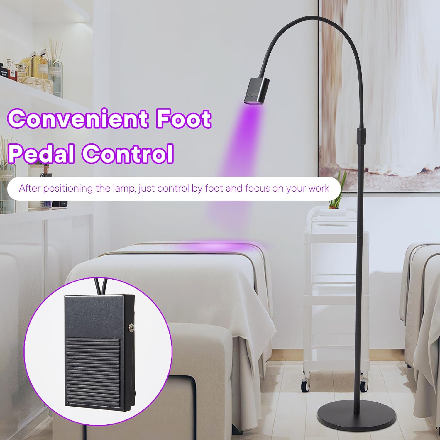 UV Hair Extensions Floor Lamp with Foot Pedal, 15W V Light Hair Extensions Kit, 360°Flexible Adjustable & Bendable Gooseneck UV Hair Extension Lamp Beauty Salon, Rapid Dry in 2-3 Seconds, Dark Black