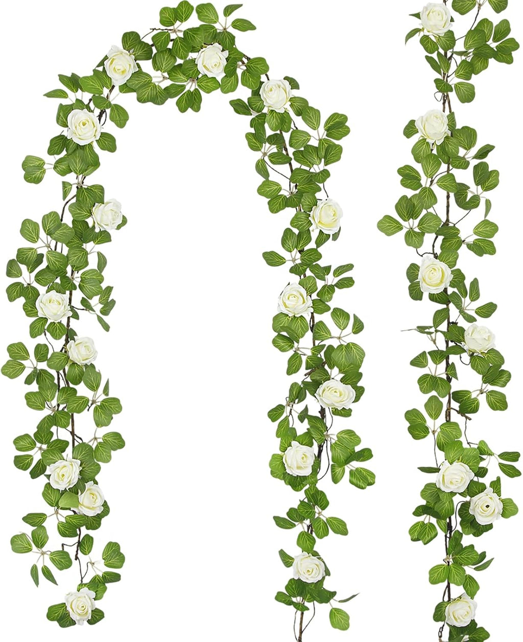 Artificial Roses Vines Flowers Garland Hanging Silk Rose Vine Floral Garland White UV Resistant Realistic Faux Hanging Flowers Plants Fake Ivy Vines for Outdoor Porch Outside Decor Patio Yard