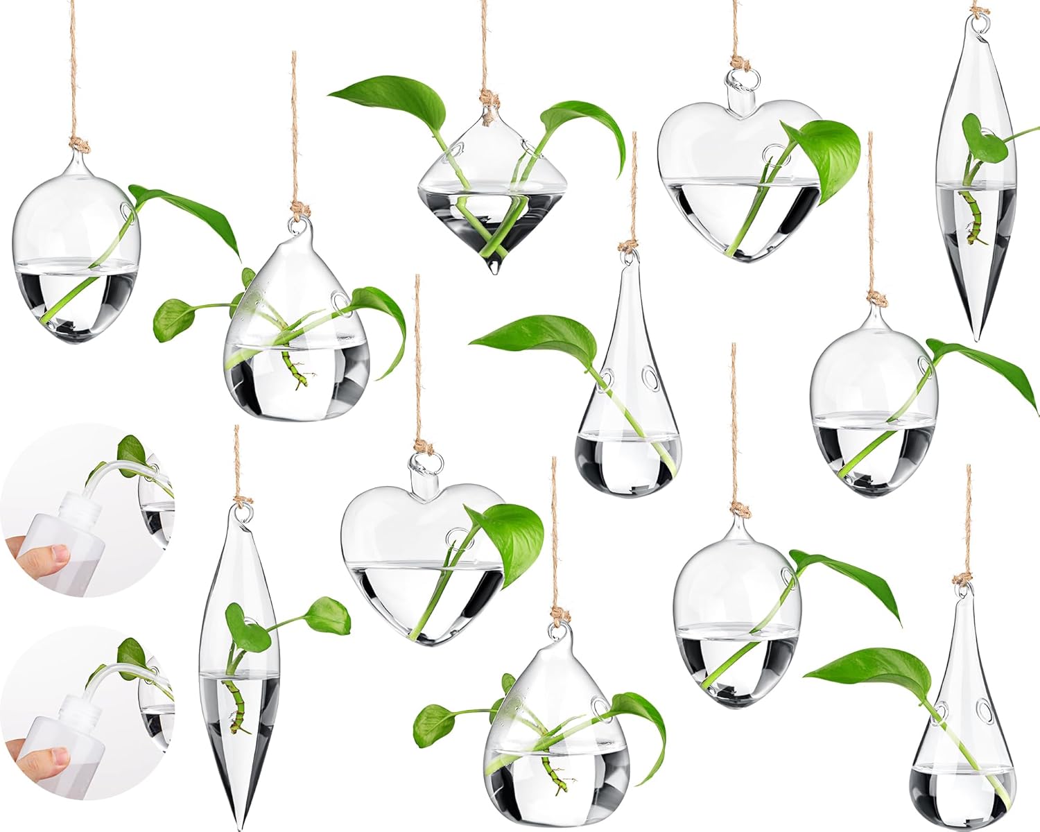 Zopeal 12 Sets Wall Hanging Glass Planter Greenhouse Terrarium Propagation Station Wall Vase Container Watering Squeeze Bottle with Rope and Hook for Hydroponic Plant Flower Home Decor (Classic Style)