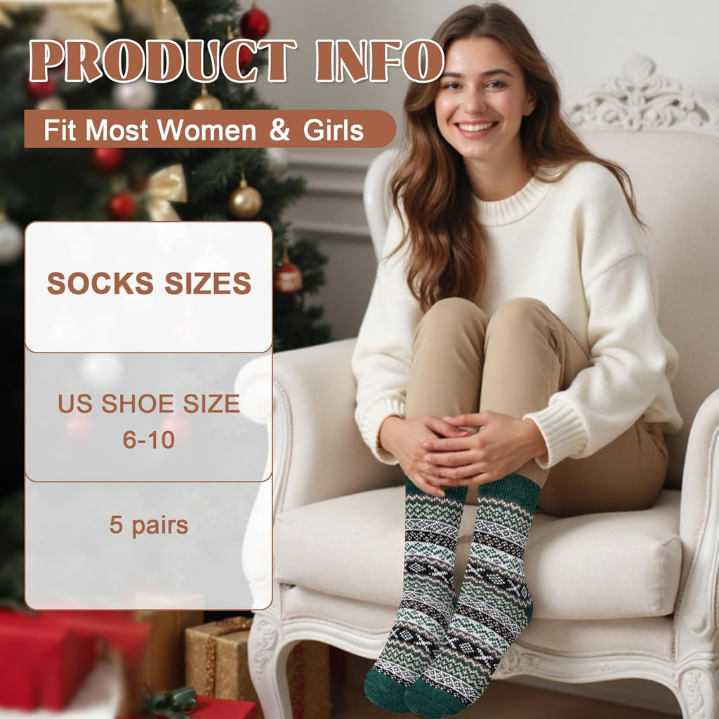 Justay 5 Pairs Wool Socks for Women - Winter Thick Boot Cozy Crew Vintage Soft Calf Knit Warm Socks Gifts