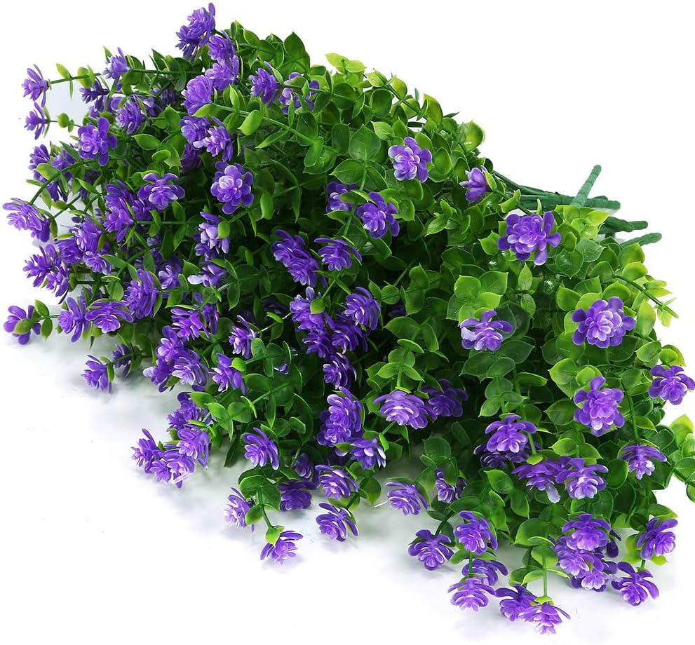 12 Bundles Outdoor Artificial Flowers UV Resistant Fake Boxwood Plants, Faux Greenery for Indoor Outside Hanging Plants Garden Porch Window Box Home Wedding Farmhouse Décor (Purple)
